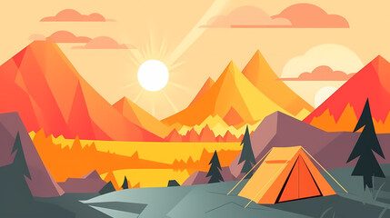 Vector camping tent in the forest.Summer camp with bonfire, tent, backpack . cartoon landscape with mountain, forest and campsite.
