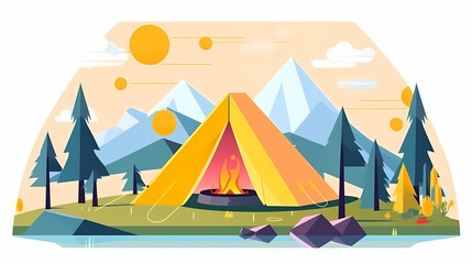 Vector camping tent in the forest.Summer camp with bonfire, tent, backpack . cartoon landscape with mountain, forest and campsite.