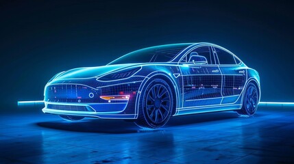 Fototapeta premium Futuristic electric car rendered in blue neon lines.