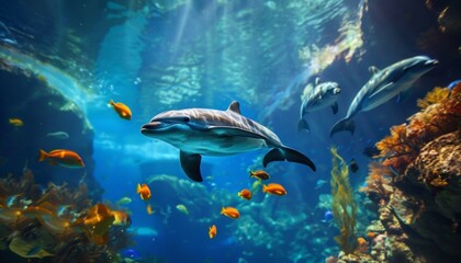 Animals of the underwater sea world. Ecosystem. Colorful tropical fish. Life in the coral reef