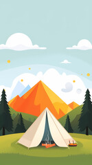 Vector camping tent in the forest.Summer camp with bonfire, tent, backpack . cartoon landscape with mountain, forest and campsite.