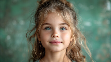 Fototapeta premium Professional studio photo portrait of a cute little girl, lovely kid with naive face, adorable baby, a child with a emotional expression, widescreen 16:9