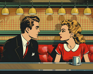 Retro Couple Conversing in Diner Booth