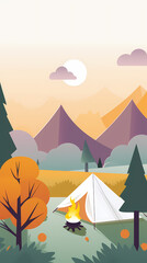 Vector camping tent in the forest.Summer camp with bonfire, tent, backpack . cartoon landscape with mountain, forest and campsite.