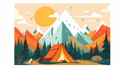 Vector camping tent in the forest.Summer camp with bonfire, tent, backpack . cartoon landscape with mountain, forest and campsite.