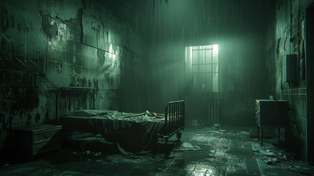 Eerie abandoned hospital room with flickering lights, stained bed, and shadowy figure in corner, echoes of haunting fill the air.