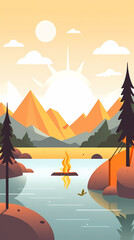 Vector camping tent in the forest.Summer camp with bonfire, tent, backpack . cartoon landscape with mountain, forest and campsite.