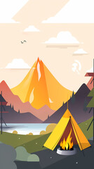 Vector camping tent in the forest.Summer camp with bonfire, tent, backpack . cartoon landscape with mountain, forest and campsite.