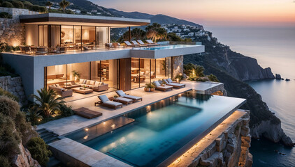 Fototapeta premium Luxury Villa with swimming pools against the backdrop of mountains