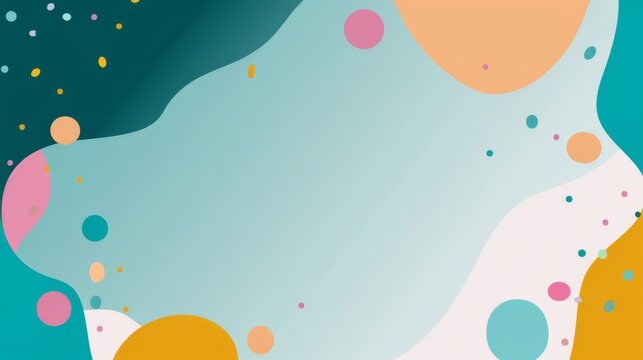 Minimalistic scientific conference poster template with soft blue, green, pink, and orange accents and digital particle decorations on a clean backdrop.