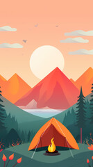 Vector camping tent in the forest.Summer camp with bonfire, tent, backpack . cartoon landscape with mountain, forest and campsite.