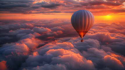 A colossal hot air balloon floating amidst a sea of clouds at sunset, with the horizon ablaze with fiery colors