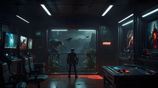 gamer game with video game on computer in dark room. neon light. vector illustration. generative.ai
