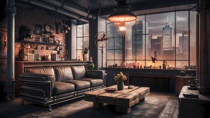 illustration of a cozy, industrial living room.