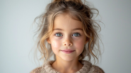Professional studio photo portrait of a cute little girl, lovely kid with naive face, adorable baby, a child with a emotional expression, widescreen 16:9