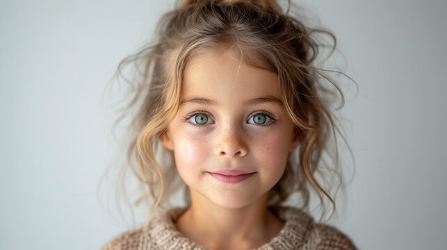 Professional studio photo portrait of a cute little girl, lovely kid with naive face, adorable baby, a child with a emotional expression, widescreen 16:9