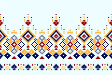 Ethnic geometric seamless fabric pattern Cross Stitch.Ikat embroidery oriental Pixel pattern black background. Abstract,vector,illustration. Texture,Cross Stitch,frame,decoration,motifs,wallpaper.