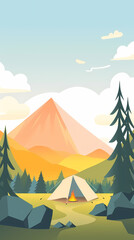 Vector camping tent in the forest.Summer camp with bonfire, tent, backpack . cartoon landscape with mountain, forest and campsite.
