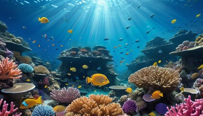 A vibrant underwater scene of a coral reef teeming with diverse marine life, bathed in sunbeams.