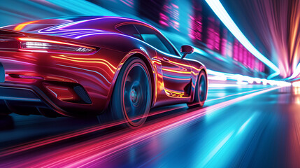 Futuristic clean energy car driving fast with colorful light trails. 