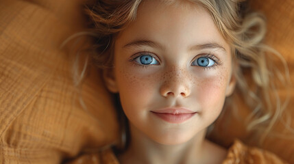 Naklejka premium Professional studio photo portrait of a cute little girl, lovely kid with naive face, adorable baby, a child with a emotional expression, widescreen 16:9