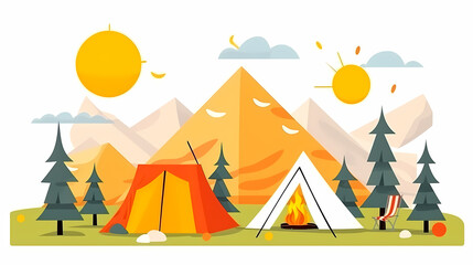 Vector camping tent in the forest.Summer camp with bonfire, tent, backpack . cartoon landscape with mountain, forest and campsite.