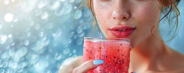 Pretty woman drinking fresh juice. Refreshment and healthy lifestyle concept.