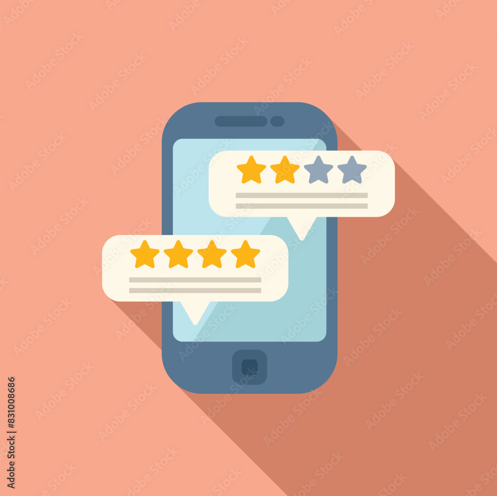 Poster flat design illustration of a smartphone with star rating and review notifications