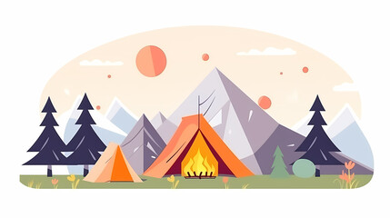 Vector camping tent in the forest.Summer camp with bonfire, tent, backpack . cartoon landscape with mountain, forest and campsite.