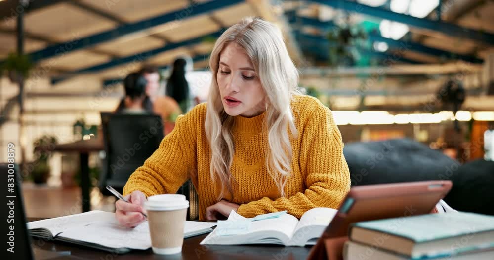 Aufkleber female student, book and tablet or writing for research at university, studying for test with techno