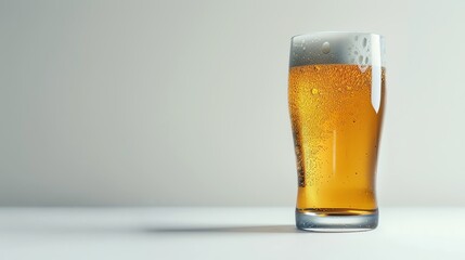 A glass of beer, bubbly and flat, on white plain background