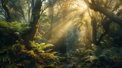 The enchanting atmosphere of a New Zealand forest, where the interplay of light and shadow creates a mystical experience