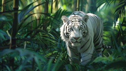a image of a white tiger walking through a lush green forest