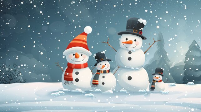 A cheerful snowman family in a snowy yard with a red scarf, black hat, and carrot nose cartoon Vector Illustration Generative AI