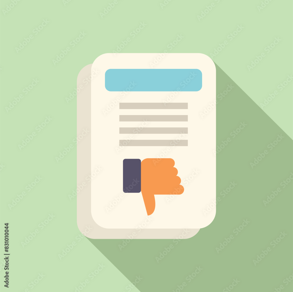 Poster flat vector icon of a thumbs down symbol on a document with long shadow