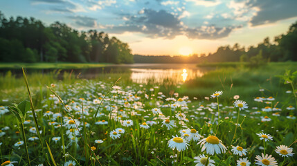 Summer Flower Field with Sunset