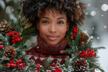 Confident African American woman wearing a wreath necklace around her neck