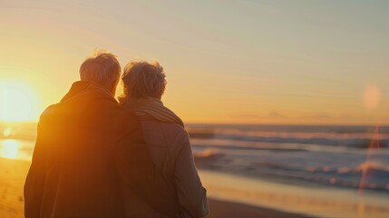 Affectionate and active caucasian senior couple enjoying the sunset at the beach - Powered by Adobe