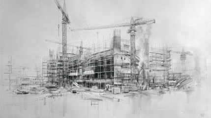 Pencil drawing of a building under construction with scaffolding and crane.