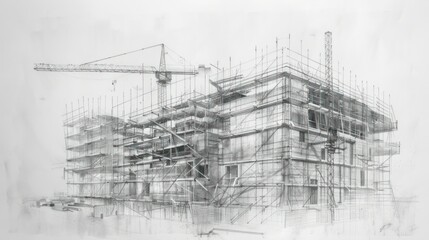 Pencil drawing of a building under construction with scaffolding and crane.