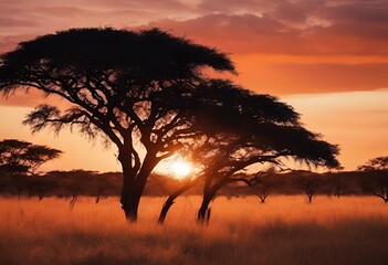 AI-generated illustration of acacia trees standing in a field at sunset