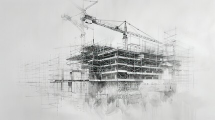 Pencil drawing of a building under construction with scaffolding and crane.