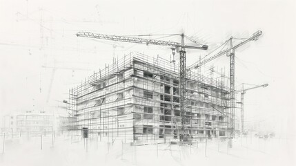Fototapeta premium Pencil drawing of a building under construction with scaffolding and crane.