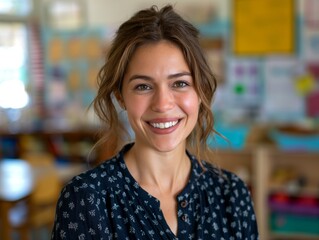 A Special Education Teacher female wearing teacher's outfit, standing in front of a classroom specialized for special education, smiling
