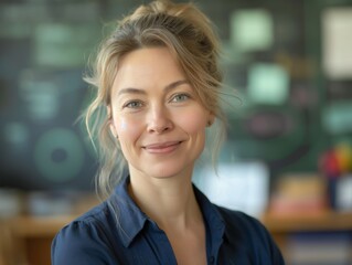A Teacher female wearing a teacher's outfit, standing in front of a classroom chalkboard, smiling and looking into the camera