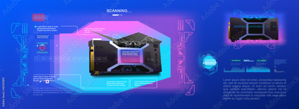 Poster realistic video card for computer on futuristic background. cyber banner with realistic modern model