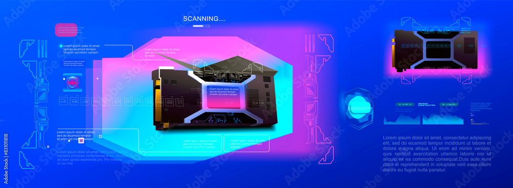 Aufkleber realistic video card for computer on futuristic background. cyber banner with realistic modern model
