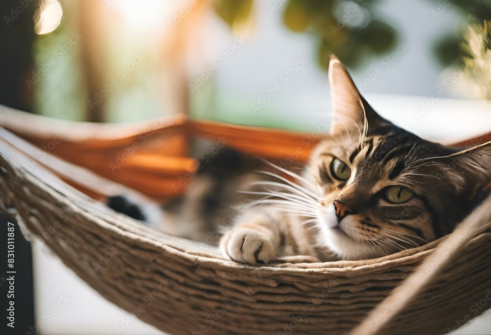 Canvas Prints AI-generated illustration of A cat lying in a hammock amid trees