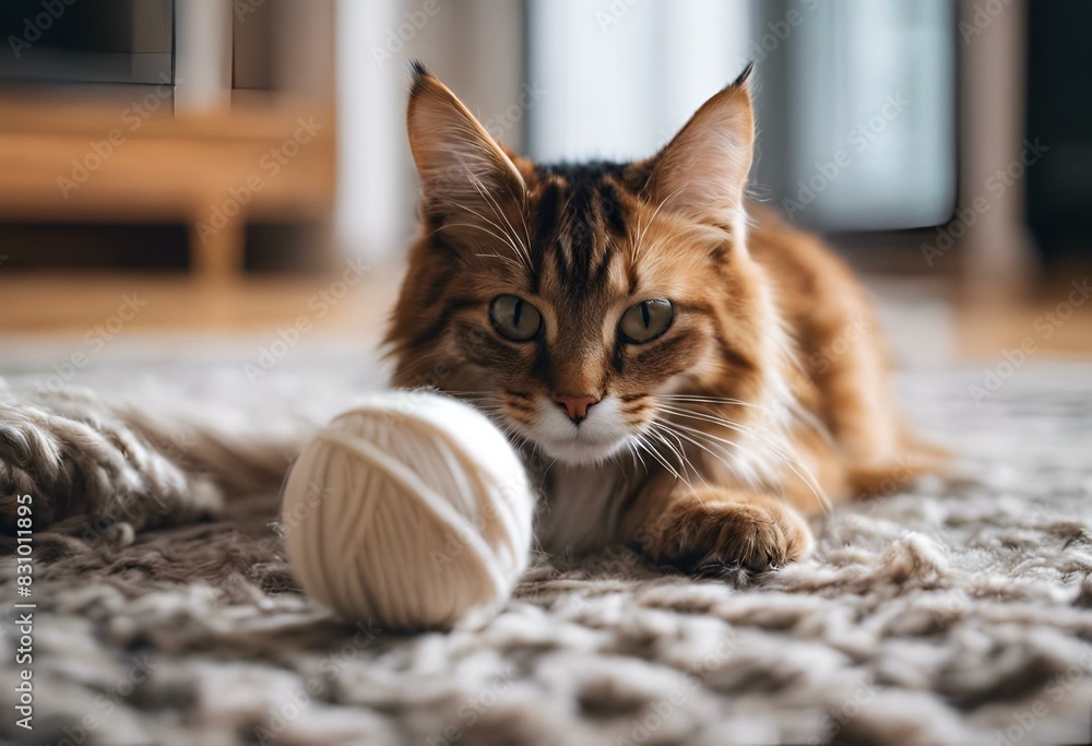 Wall mural ai-generated illustration of an orange and white cat playing with a knit ball on the floor