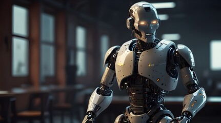 Fototapeta premium A robot on a solid color background, with the concept of artificial intelligence and a business background, can interact with life and banner backgrounds. generative.ai